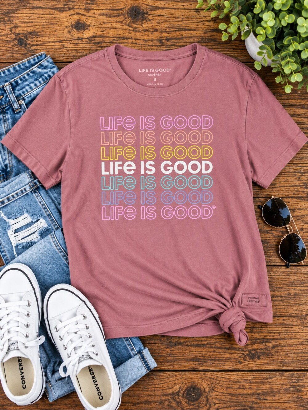 Life Is Good Mauve Short-Sleeve Graphic Tee with Rainbow Text